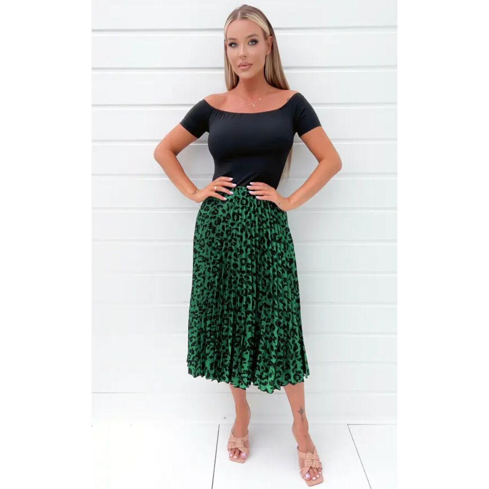 Fashion Black Green Animal Print 2 in 1 Pleated Midi Dress Size M Classy Date